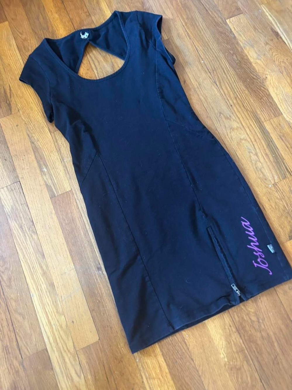 Black Cap-Sleeve Midi Dress with Scoop Back and Script Detail
